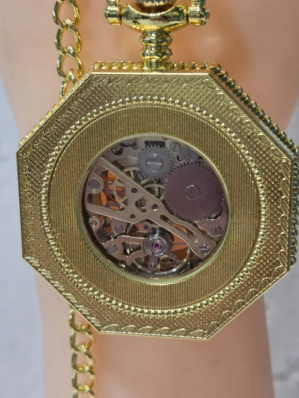 HEXAGONAL MECHANICAL POCJET WATCHROMAN DIAL SKELETON GOLD STEMPUNK FOB CHAIN